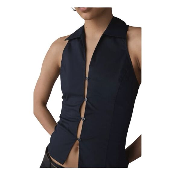 Urban Outfitters Party Girl Cotton-Blend Button Down Sleeveless Shirt Black XXS - Picture 4 of 8